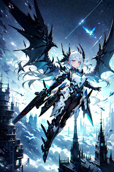 (masterpiece, top quality, best quality, official art, beautiful and aesthetic:), futuristic city, armor, (A girl is flying in the sky:1.4), wind, storm, intricate, elegant, highly detailed, smooth, sharp focus, Dragon ear, backlighting, 8k, big mecha mons...