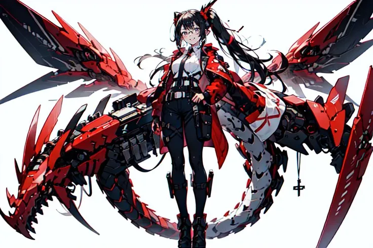 <lora:v1.0 dragon ear_20230623155318-000012:0.7> Dragon ear, Mecha, machine, Dragon wings, dragon tail, dragon horn, black and red theme, straight-on,  portrait,, ultra detailed, masterpiece, best quality, aesthetic, detailed,, solo, smug smile, 1girl, pur...