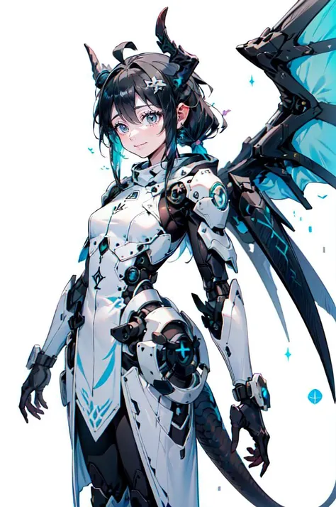 <lora:v1.0 dragon ear_20230623155318-000012:0.7> Dragon ear, Mecha, machine, Dragon wings, dragon tail, dragon horn,, ultra detailed, masterpiece, best quality, aesthetic, detailed,, solo, smile, 1girl, aqua eyes, black hair, <lora:low_ponytail-1.0:1> low ...