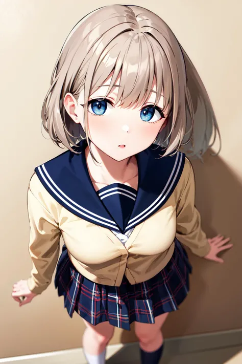 masterpiece, best quality, highres, aaasahi, short hair, blue sailor collar, yellow cardigan, long sleeves, plaid skirt, blue skirt, <lora:serizawa_asahi_v1:0.7>, standing, from above,