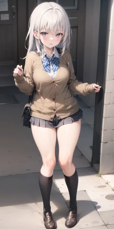 cardigan + micro miniskirt uniform