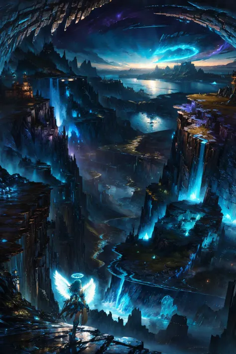 (fantasy art style:1.3), (masterpiece, best quality), 1girl, long bangs, aqua glow, rain ground, clothes made of water, (angel princess:1.2), (neon blue tattoos:1.1), (Epic landscape, Magic:1.4)