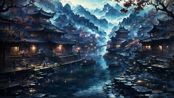 traditional chinese landscapemasterpiece, best quality, 32k uhd, insane details, intricate details, hyperdetailed, hyper quality, high detail, ultra detailed, Masterpiece,
 <lora:~Q?-l4Nafo traditional chinese landscape:0.8>