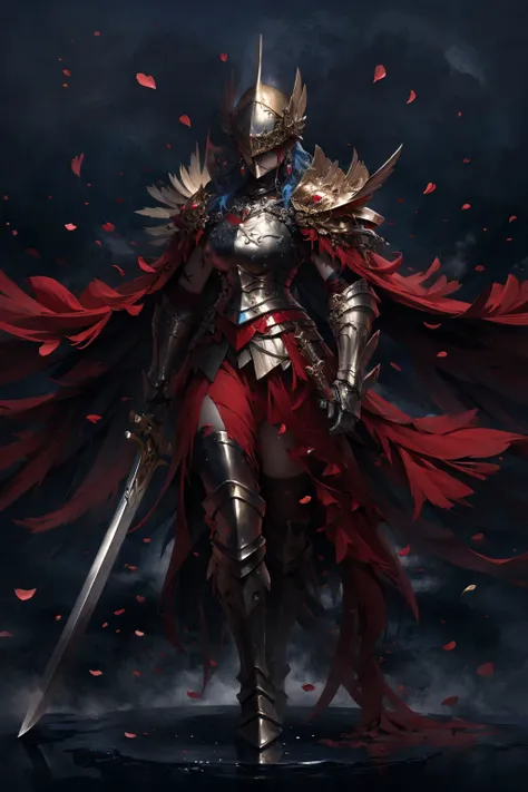 a woman in armor with a sword and a red cape