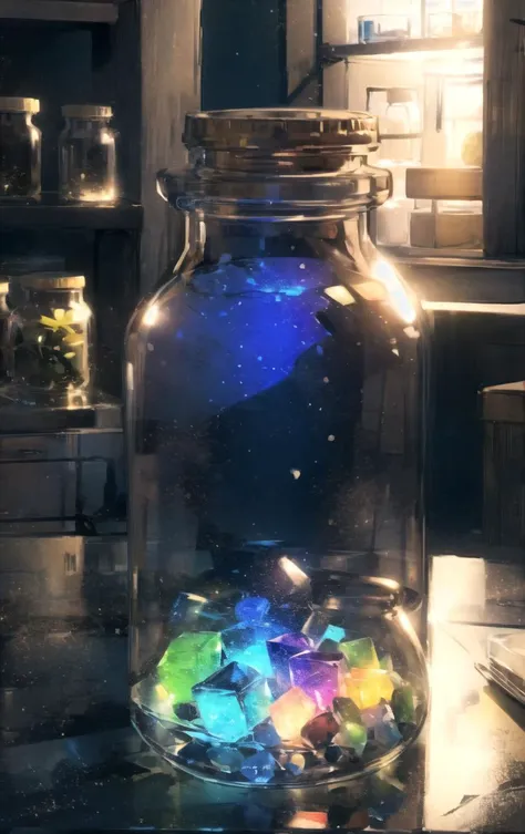 there is a glass jar with a lot of colorful rocks inside