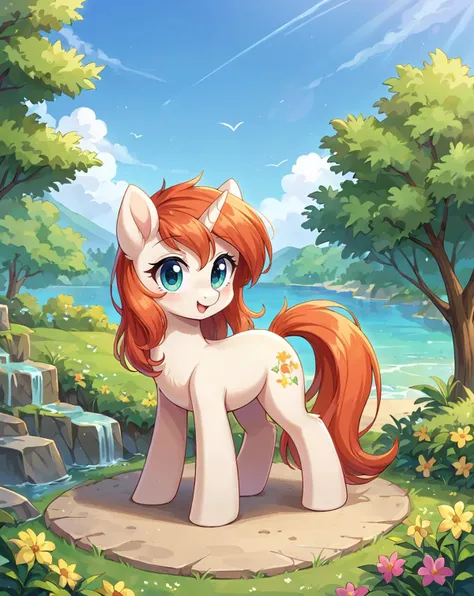 a cartoon pony standing in a field with flowers and trees