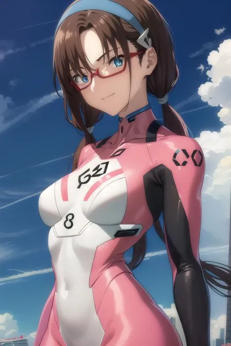 marimakinami, <lora:mari makinami rebuild-lora-nochekaiser:1>,
mari makinami, long hair, brown hair, twintails, (low twintails:1.5), hairband, blue hairband, blue eyes, (parted bangs:1.5), smile,
BREAK bodysuit, mecha, science fiction, red-framed eyewear, ...