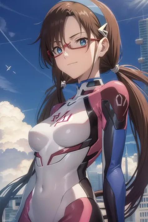 marimakinami, <lora:mari makinami rebuild-lora-nochekaiser:1>,
mari makinami, long hair, brown hair, twintails, (low twintails:1.5), hairband, blue hairband, blue eyes, (parted bangs:1.5), smile,
BREAK bodysuit, mecha, science fiction, red-framed eyewear, ...