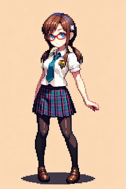 (masterpiece, top quality, best quality), pixel,pixel art,1girl,full body, 
 <lora:pixel_f2:0.5> <lora:marimakinamitest:1> mari makinami, blue eyes, brown hair, glasses, twintails, , dress shirt, pantyhose, plaid, plaid skirt, school uniform, shirt, skirt,...