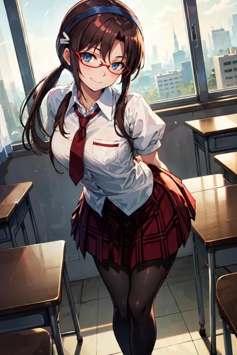 masterpiece,best quality,1girl,solo,mari makinami,blue eyes,brown hair,glasses,headband,twintails,dress shirt,pantyhose,plaid,plaid skirt,school uniform,shirt,skirt,smile,confident,bent over,arms behind back,classroom,(from below),dutch angle,<lora:marimak...