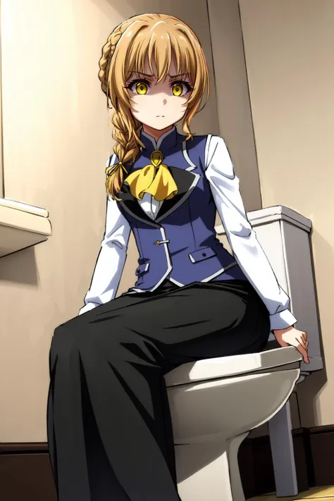 anime girl sitting on a toilet in a bathroom with a yellow bow