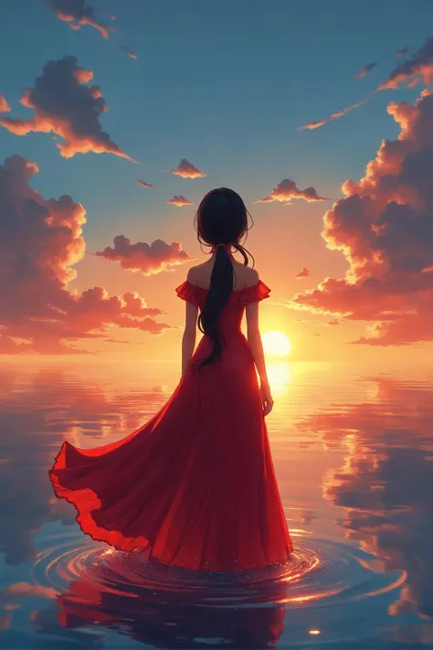 1girl back black hair blue sky day dress facing away fire from behind glowing horizon long dress long hair low ponytail ocean red dress reflection sky solo standing sunset water , volumetric light accent, sea glitter