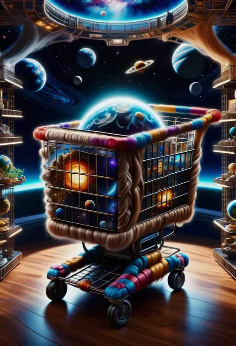 a painting of a shopping cart with a planet in the background