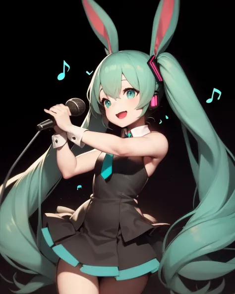 <lyco:shirokujira-NAI-LyCORIS-000011:1>
1girl, solo,  rabbit_ears, aqua hair, finely detailed aqua eyes, , twin_tails, hatsune_miku, hair ribbon, singing, open mouth, smile, musical_note, holding microphone