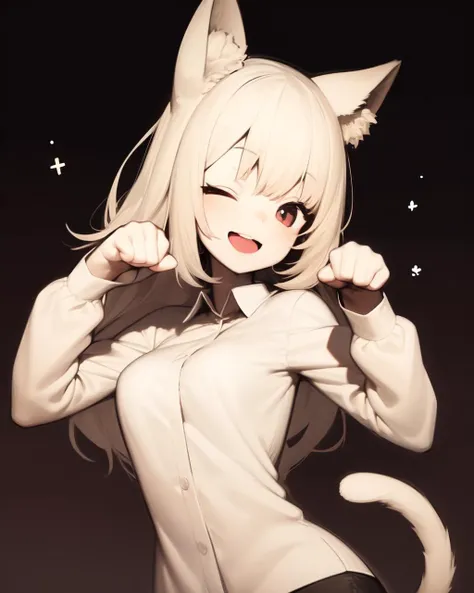 <lyco:shirokujira-NAI-LyCORIS:1>
1girl, solo, cat_ears, one eye closed, smile, open mouth, paw_pose