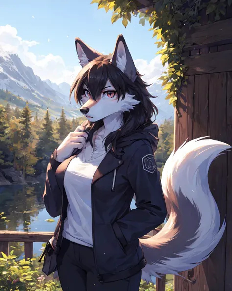 anime girl with a cat ears and a jacket standing in front of a lake