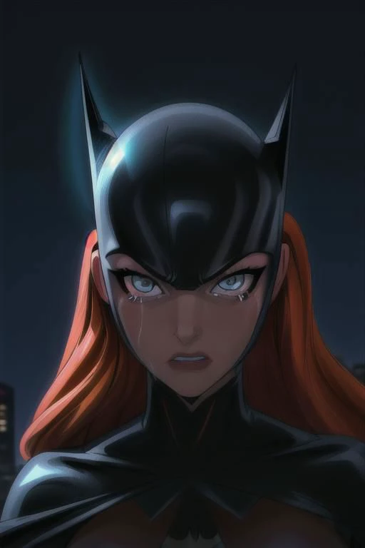 a woman in a batman costume with red hair and a bat