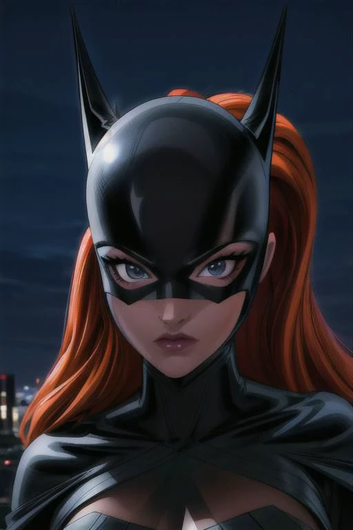 a woman in a batman mask and red hair