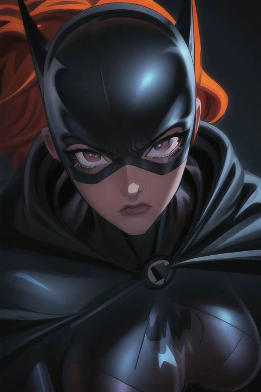 a close up of a woman in a batman costume with red hair