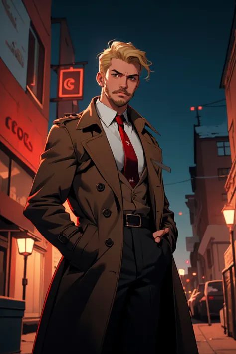 1boy, male focus, solo, blonde hair, necktie, facial hair, red necktie, shirt, trench coat, coat, white shirt, night, outdoors, ((masterpiece))   <lora:Nijiv5.1style:1> nijiv5