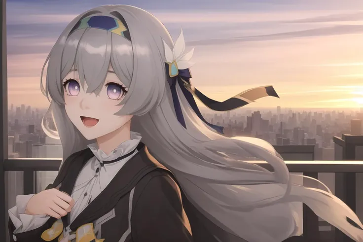 best quality,masterpiece,<lora:liuyingFACE-V5:1>,æµè¤,1girl,solo,purple eyes,grey hair,dress,jacket,(open mouth:0.6),happy,city,in roof top,(Sunset:0.9),