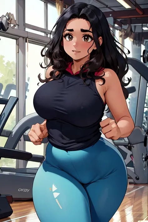 (1woman running in a gym, cowboy shot:1.3), (running, running machine:1.3), work out, 1girl, training, sport
<lora:ETO_OCC002:0.7> (chubby:1.2), beautiful eyes, brown eyes ETO_OCC, 1girl, black hair, curly hair, longhair, thick eyebrows, hoodie, yoga pants