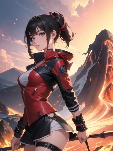 (masterpiece, highest quality, 8k, 16k, high quality, best quality:1.3, absurdres, highres, digital art, intricate),
1 girl,   Combat madness,
detailed beautiful face,
detailed beautiful eyes,
looking  volcano from side on magma,
bloodey jacket, long kirt,