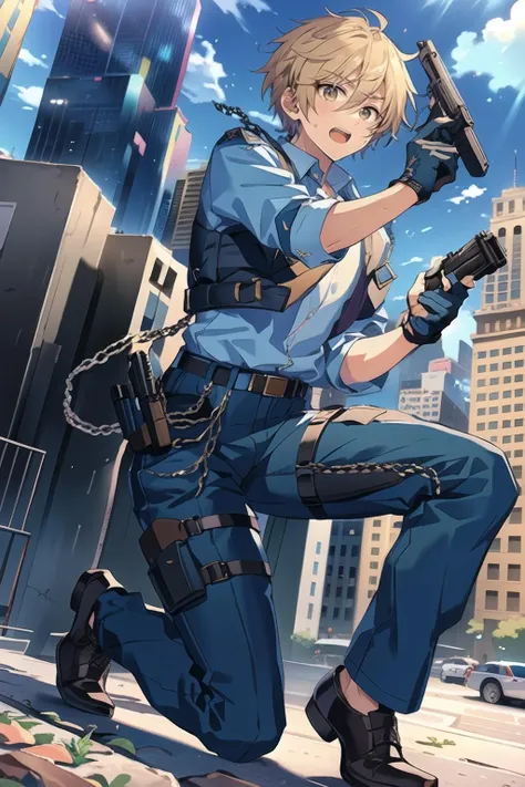 a woman in a blue uniform holding a gun in a city