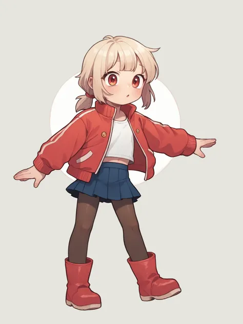 a cartoon girl in a red jacket and blue skirt with her arms out