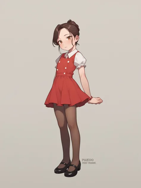 a drawing of a girl in a red dress and black shoes