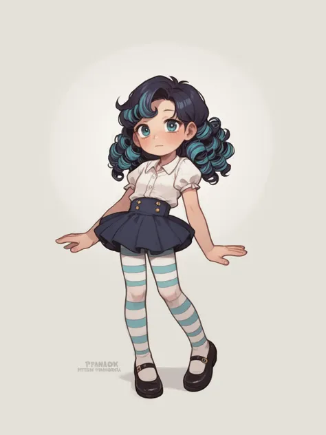 a drawing of a girl with blue hair and a skirt