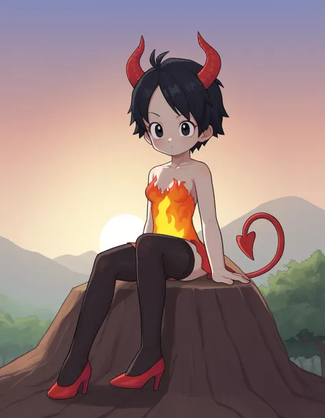 a cartoon girl with horns and a devil tail sitting on a rock