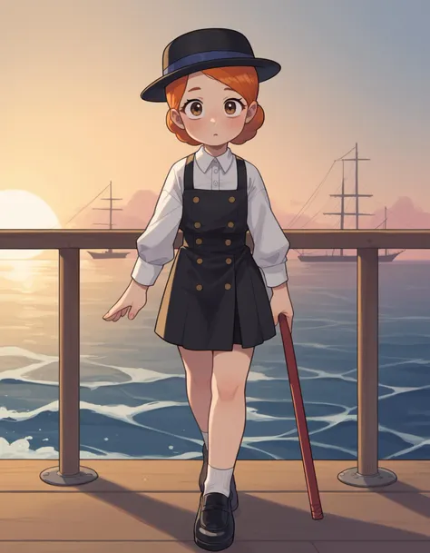 anime girl in a hat and dress standing on a pier