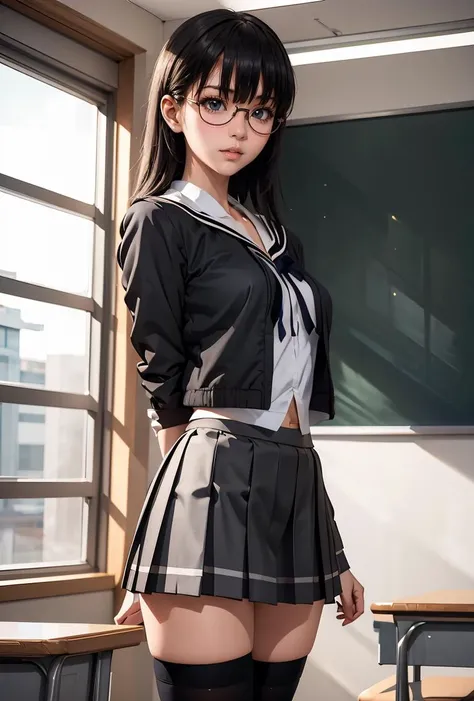 (masterpiece, best quality), 1girl,    <lora:sumiyakana-nvwls-v1:0.8> sumiyakana, glasses, school uniform, serafuku, cropped jacket, ribbon, grey skirt, black thighhighs