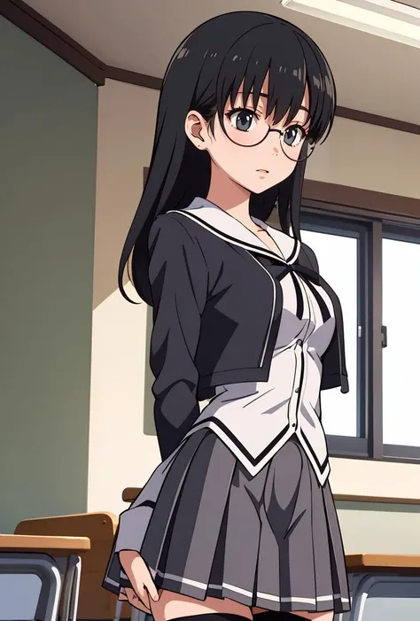 (masterpiece, best quality), 1girl,    <lora:sumiyakana-nvwls-v1:0.8> sumiyakana, glasses, school uniform, serafuku, cropped jacket, ribbon, grey skirt, black thighhighs