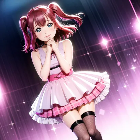 best quality, ultra high res, 1girl, solo focus, ((pink mini see through dress)), elbow dress, black thighhighs, frills, ribbons, studio background,floating hair, looking at viewer, facing front,