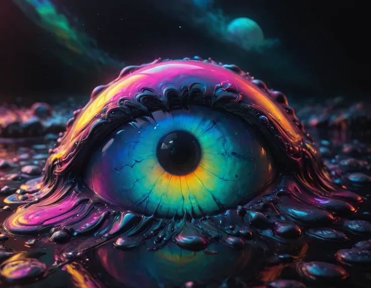 a close up of a colorful eye with water droplets on it