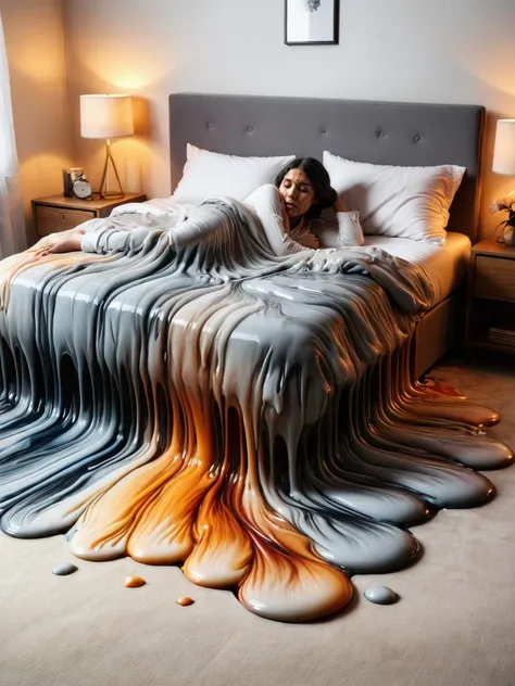 a woman laying on a bed covered in a blanket with liquid flowing down it