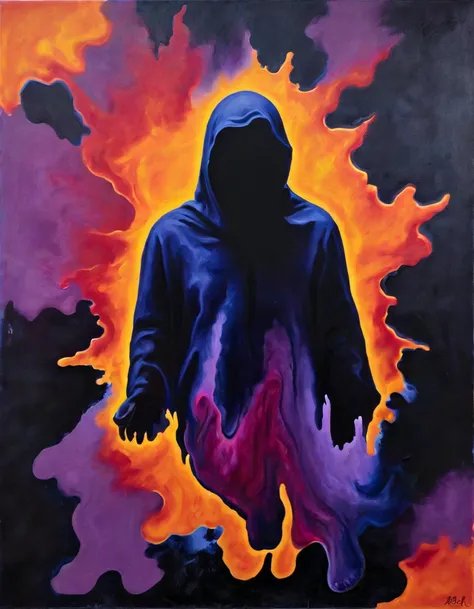 A painting in the style of Ral-Melting, a technique known for its ability to create dynamic and emotional art through the use of vibrant colors. The artwork begins with a canvas filled with darker, more somber hues - deep blues, purples, and grays. In the ...