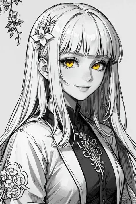 1girl, monochrome, lineart, mature female, mature face, hazel yellow eyes, white hair, long hair, hime cut, blunt bangs, subtle smile, abstract, flower, leaf, vine, whitework, wisteria