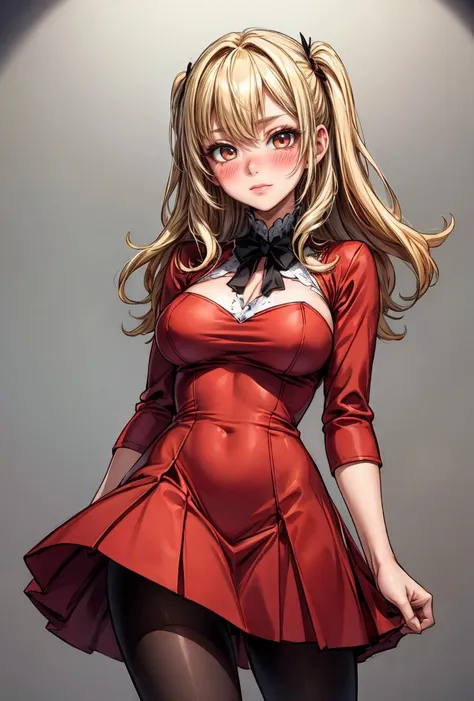 (masterpiece, best quality), 1girl, blonde hair, red dress, pantyhose, cute face, blush, <lora:add_detail:1>