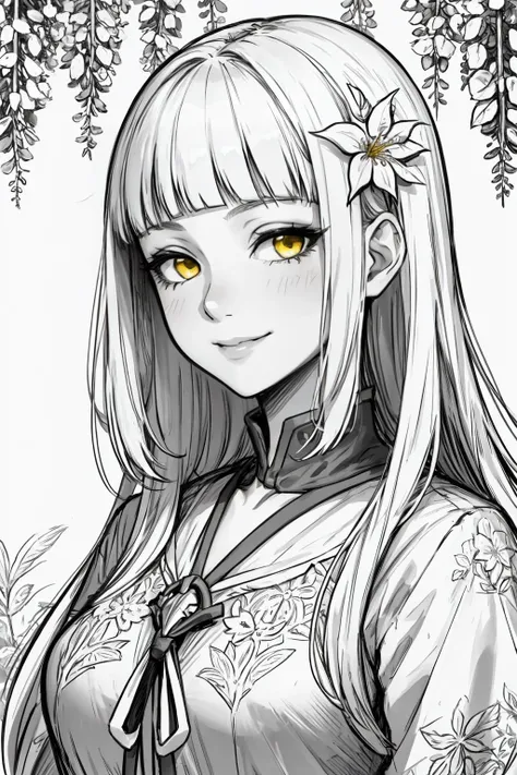 1girl, monochrome, lineart, mature female, mature face, hazel yellow eyes, white hair, long hair, hime cut, blunt bangs, subtle smile, abstract, flower, leaf, vine, whitework, wisteria