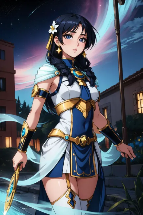 1girl, charming Anime, stylized, establishing shot of a slight Berber (Female Filmmaker:1.3) , the Filmmaker is very Hardcore Art and Blue, she has Dark hair, near Seductive Rome, lush garden and Aquarius constellation in background, at Twilight, deep focu...