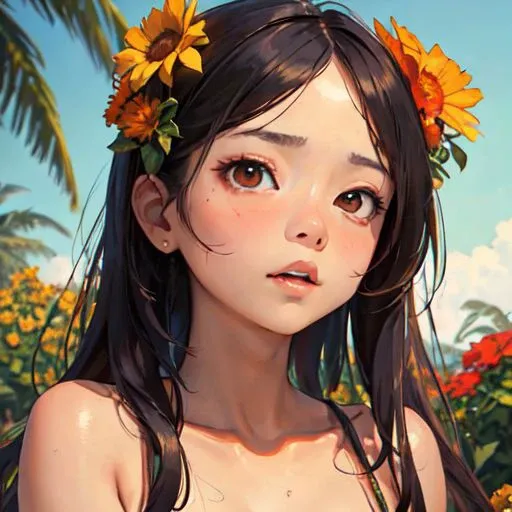 (masterpiece competent style, best quality, day:1.3), a cute malay girl, portrait-type, light, fat, anger, orange wedge cut, bronzer, flower garden background, Fine, trending on Google Images, nsfw