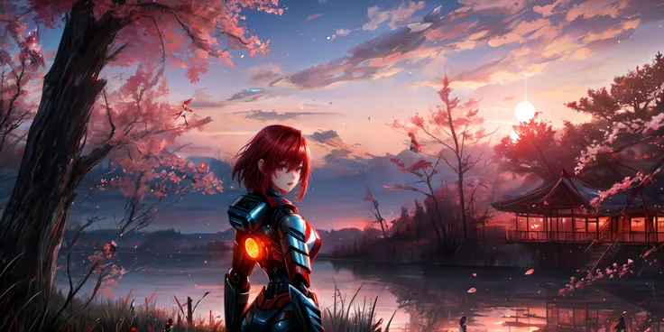 redhood, forest, sunset, lake in the background, sakura trees in the background, mechanical girl, mecha girl
 <lora:more_details:1> <lora:RAL:0.7>