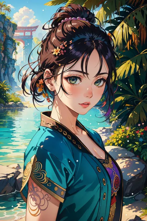 1girl, (portrait art by Irene Sheri:1.2) , photorealism art, professional Spray paint style, intricate details, angle from below of a Punk Art [Breathtaking|Creative] heavyset Qin Dynasty (Male Apothecary:1.3) , his hair is Tropical and styled as Pompadour...
