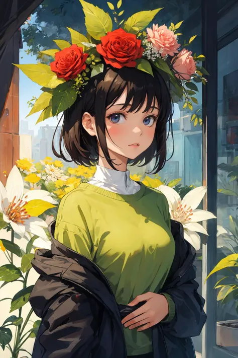 1girl, abstract, flowers, leaf, upper body