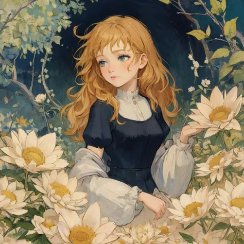 1girl, post impressionism art, van gogh style, long hair, abstract, flowers , leaf