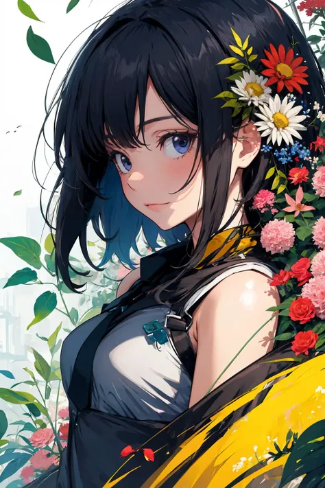 1girl, abstract, flowers, leaf, upper body