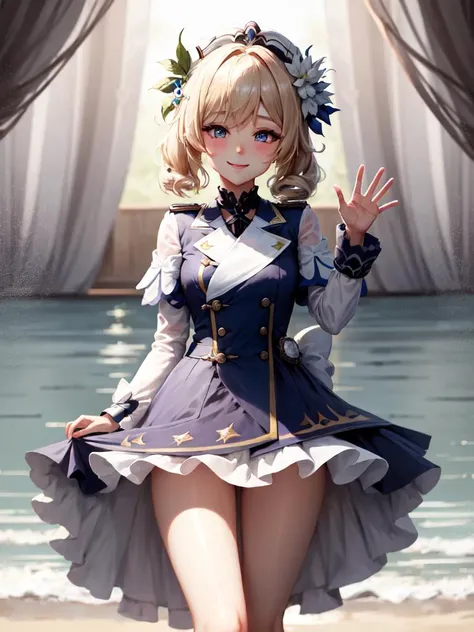 shiny, shiny hair, shiny clothes, skirt, waving, smile, masterpiece, <lora:BarabaraGenshinV2-000014:1> genshin_impact,blue_eyes,blonde_hair,barbara_(genshin_impact),barbara (genshin impact)